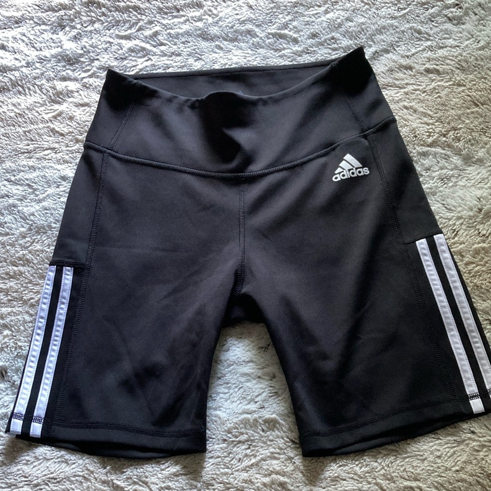 Adidas Black and White Athletic Biker Shorts with Signature Stripes